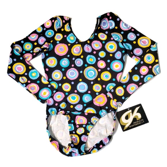 GK Elite VTG Retro 60s Concentric Circles LS Cotton Leotard Bodysuit AS Adult S - Picture 1 of 15